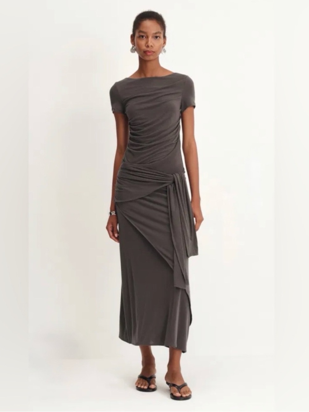 NWT Fabrique Dress Nhat Jersey Short Sleeve Maxi Front Tie in Grey